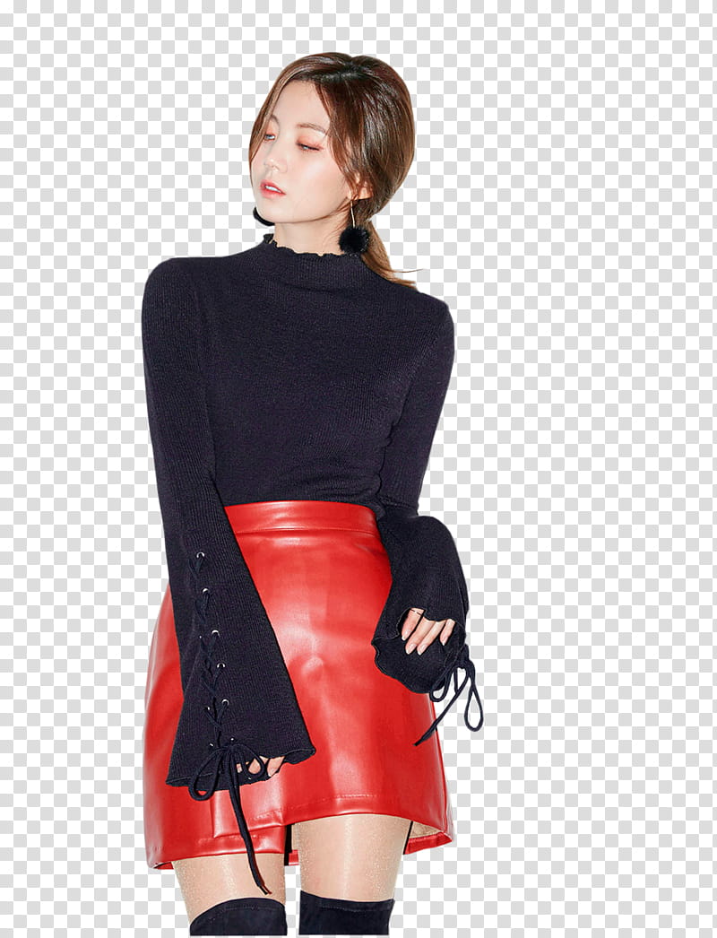 CHAE EUN, woman wearing black knitted long-sleeved shirt and red leather skirt transparent background PNG clipart