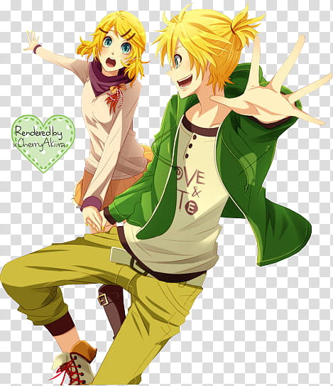 Rin x Len Kagamine rendered, two yellow-haired man and woman anime characters transparent background PNG clipart