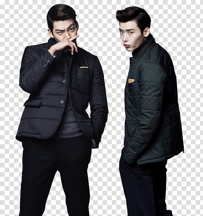 Kim Woobin and Lee Jong Suk render , two men wearing black jacket standing beside each other transparent background PNG clipart