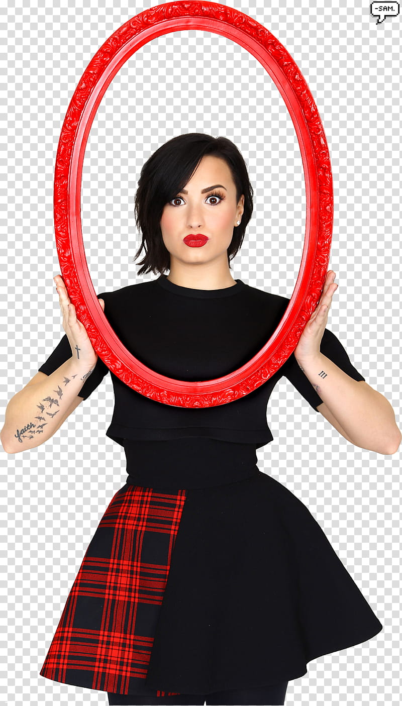 DemiLovatoPO, woman standing holding red frame transparent background PNG clipart