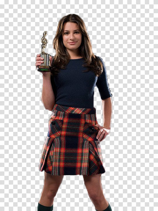 Rachel from Glee wearing black elbow-sleeved shirt and red, gray, and green plaid mini skirt standing and smiling while holding trophy transparent background PNG clipart