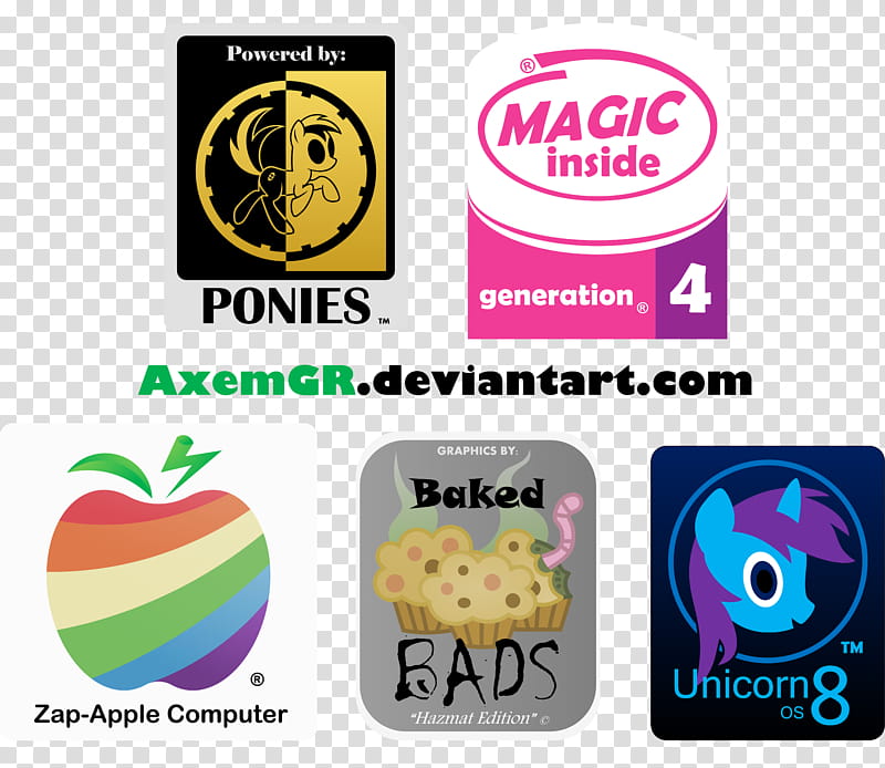 Pony computer Company logo s, Ponies, Magic Inside, Zap-Apple Computer, Baked Bads, and Unicorn  OS logos transparent background PNG clipart