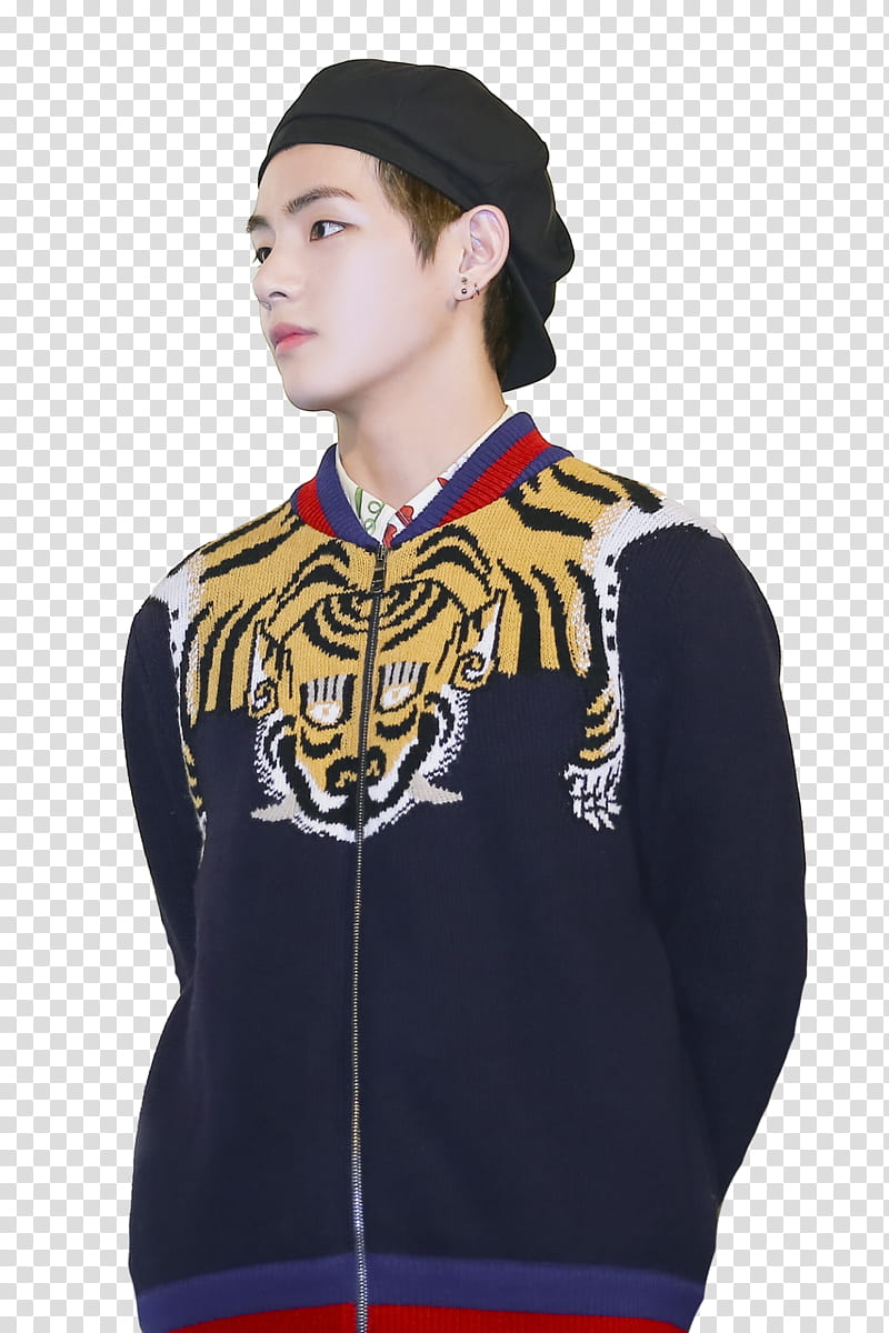 Taehyung V BTS, man wearing black and brown zip-up jacket transparent background PNG clipart