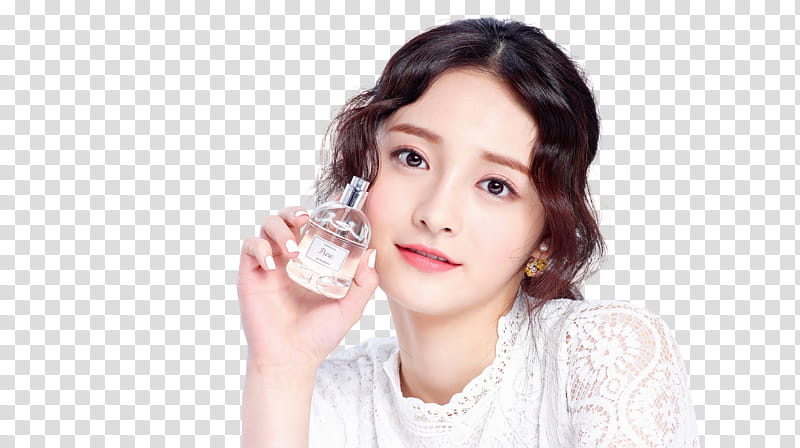 I O I Etude House P, woman holding fragrance bottle transparent background PNG clipart