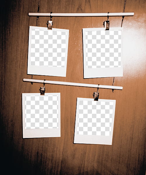 Polaroids Templates collagues, four white cards hanged on wall transparent background PNG clipart