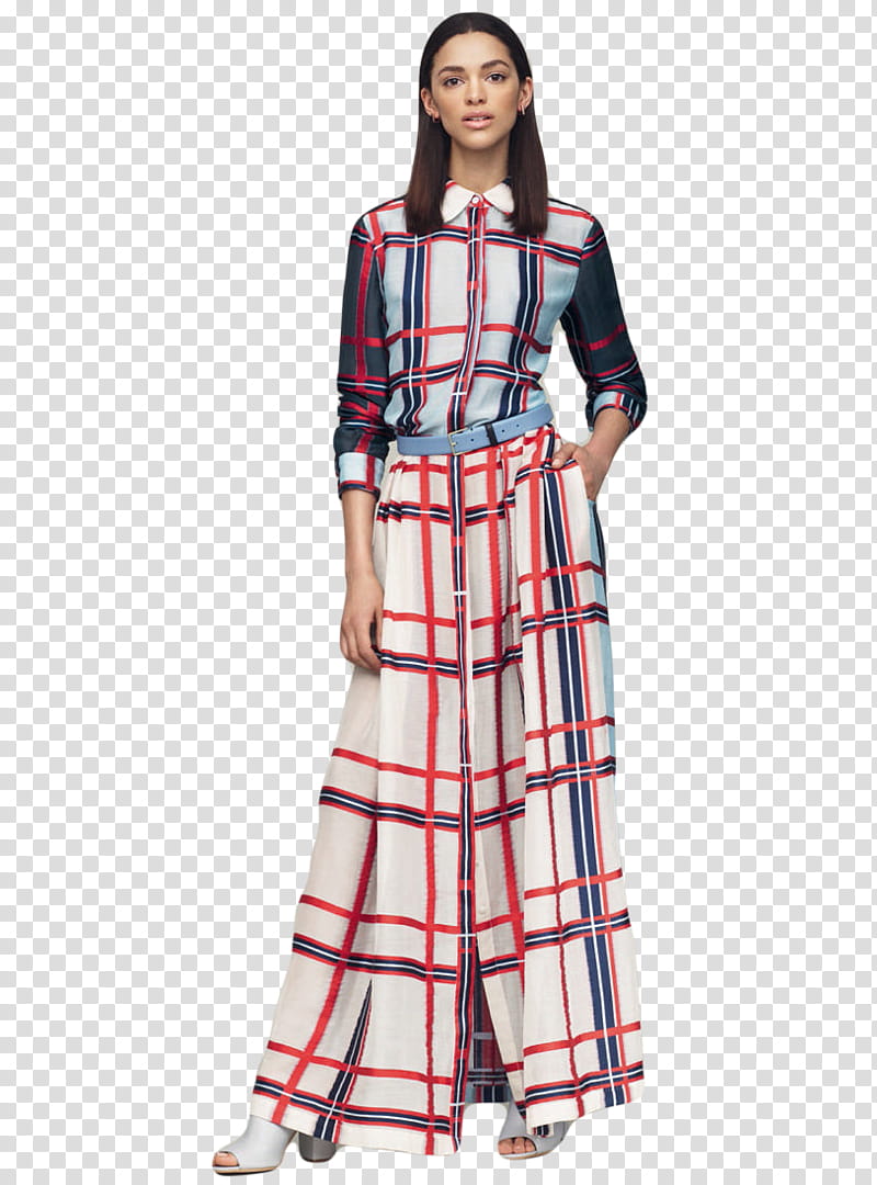 K WATCHERS , woman in white and red windowpane long-sleeved maxi dress transparent background PNG clipart