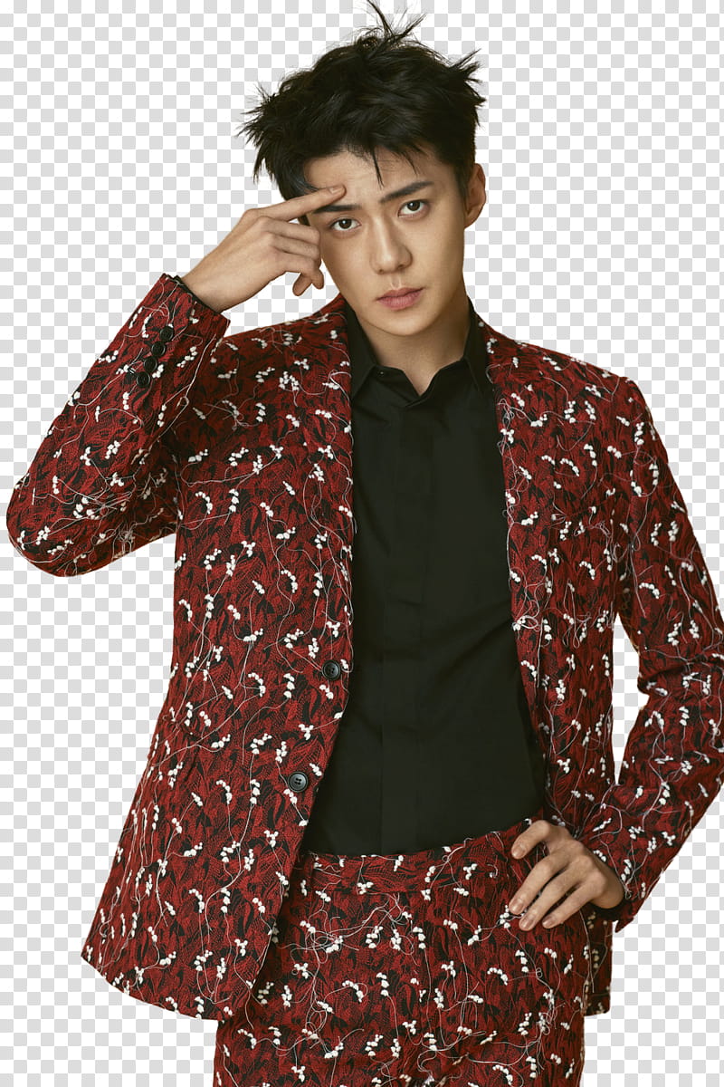 EXO SeHun L Optimum P, man black haired wearing red suit jacket transparent background PNG clipart