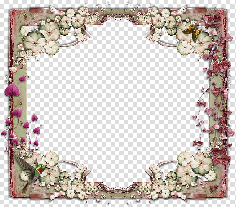 Hummingbird and Butterfly, white and multicolored floral frame illustration transparent background PNG clipart