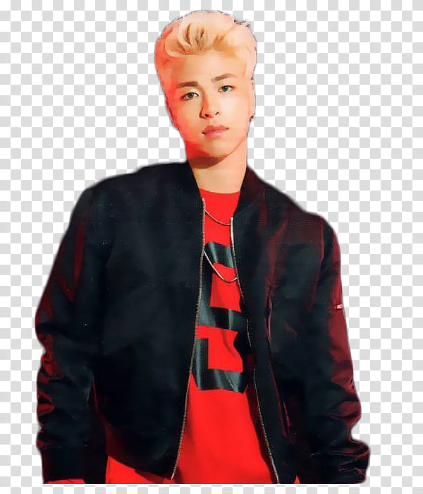 iKON WELCOME BACK, man wearing black zip-up jacket and red crew-neck shirt transparent background PNG clipart