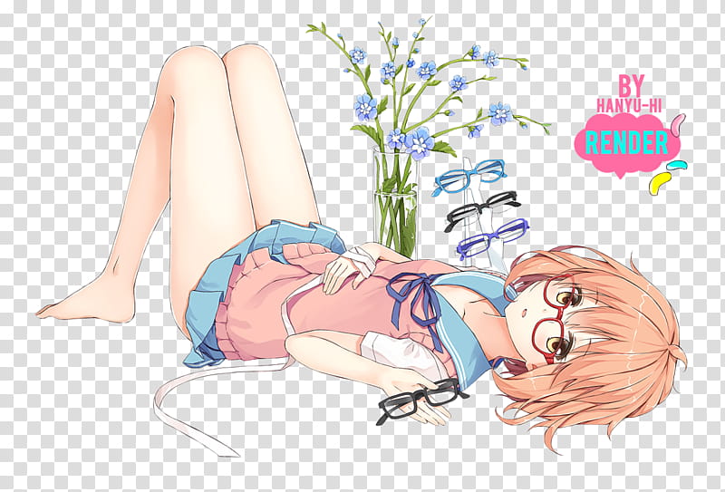 render  Mirai Kuriyama, short brown-haired female anime character lying on white surface transparent background PNG clipart