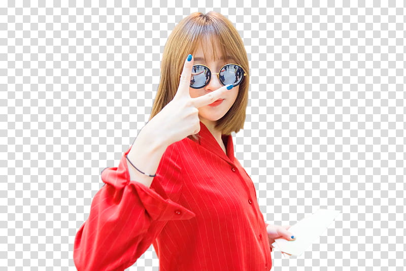 HANI, woman standing and making peace hand sign transparent background PNG clipart