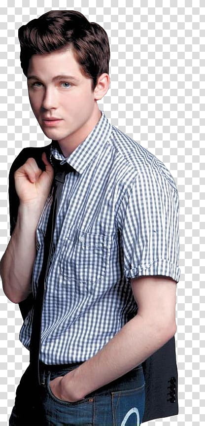 Logan Lerman , man in white button-up shirt and blue jeans transparent background PNG clipart