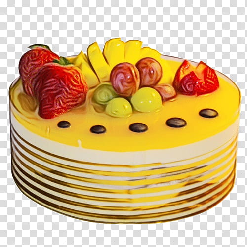 food cake fruit cake cake decorating supply dessert, Watercolor, Paint, Wet Ink, Yellow, Cuisine, Fruit Salad, Dish transparent background PNG clipart