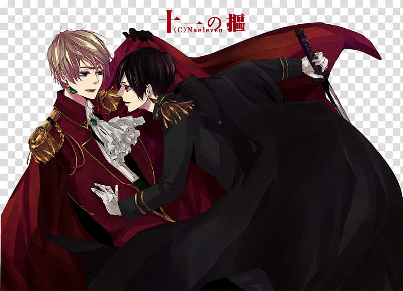 two male anime wearing black and red capes with swords illustrations transparent background PNG clipart