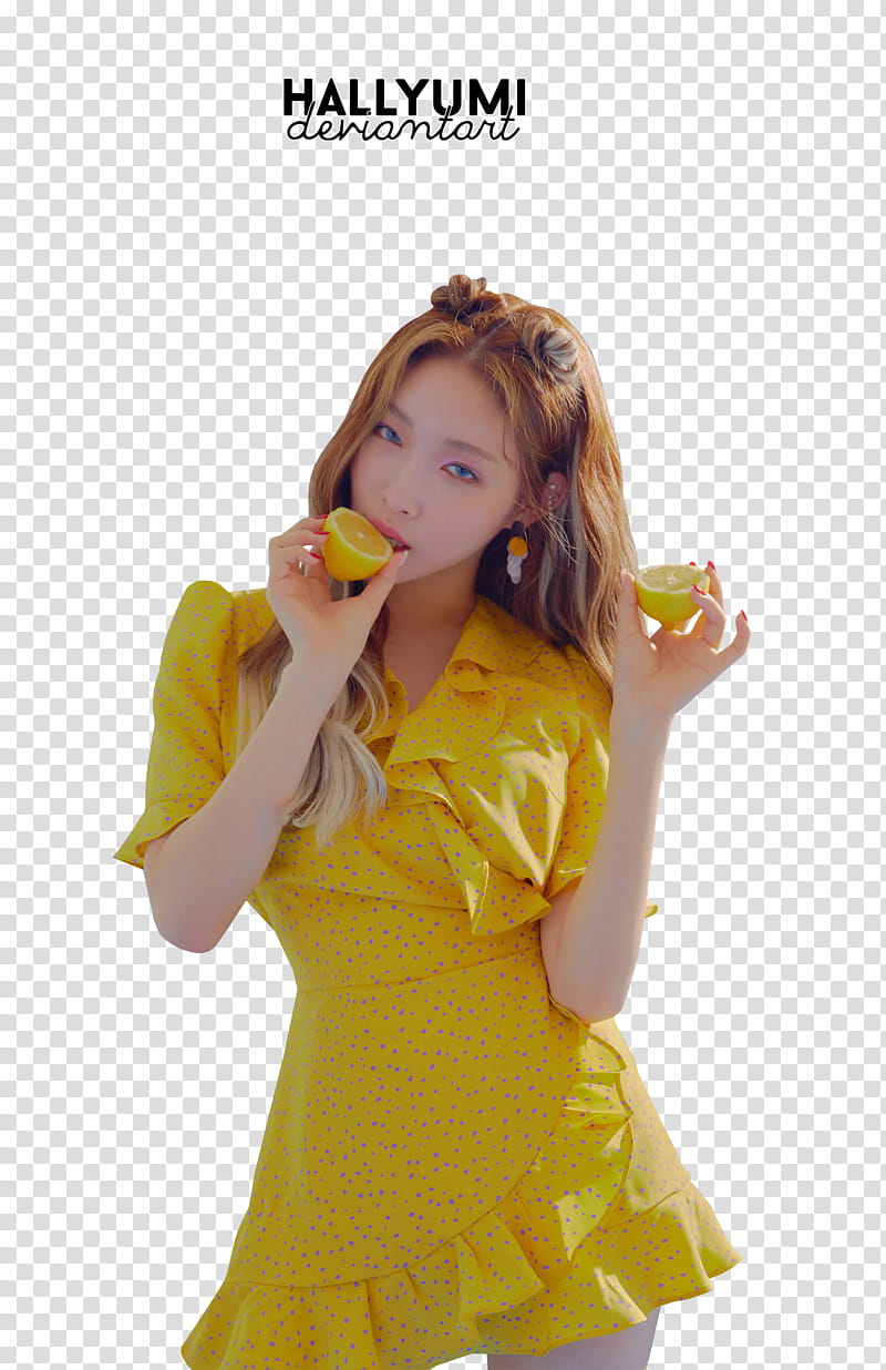 ChungHa Blooming Blue, woman holding sliced lemons transparent background PNG clipart