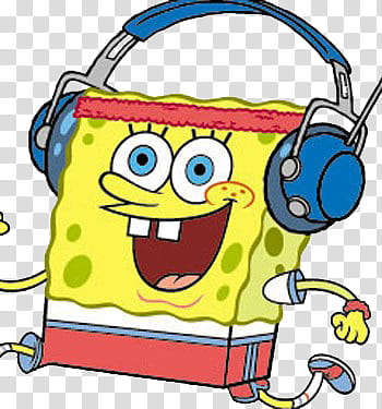 Bob Esponja smiling Spongebob using headphones illustration