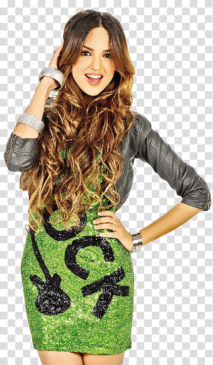 Eiza Gonzalez, girl wearing gray and green /-sleeved dress holding her hair transparent background PNG clipart