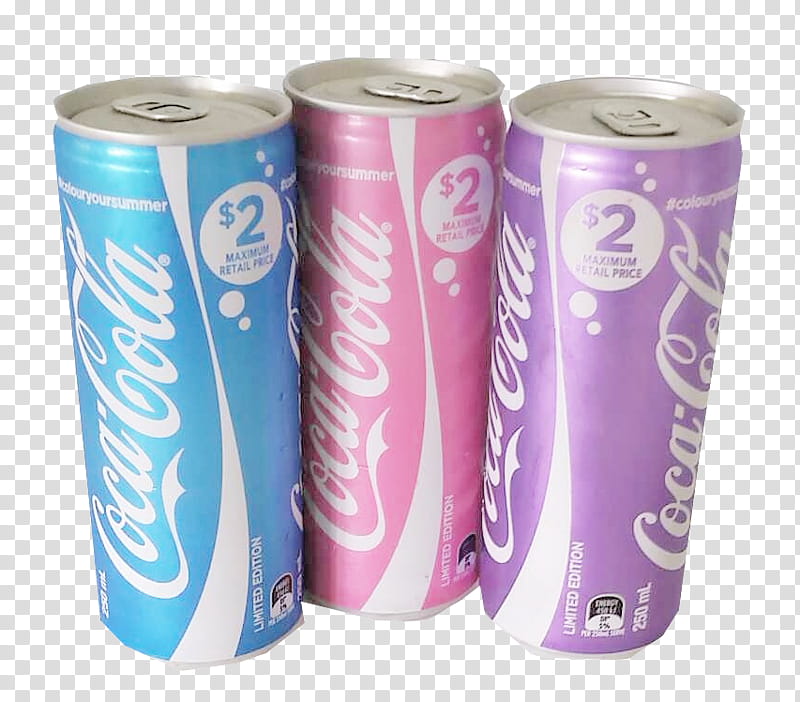 , three  ml assorted-color Coca-Cola cans transparent background PNG clipart