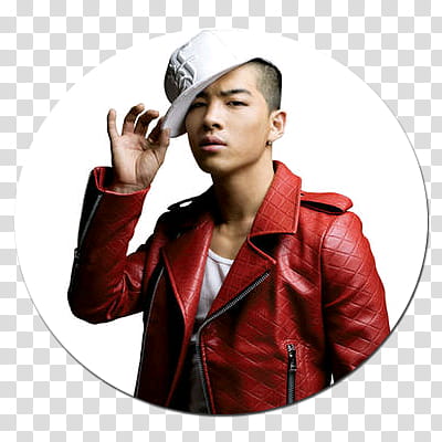 circulos KPOP, Big Bang Taeyang in white cap and red leather jacket transparent background PNG clipart