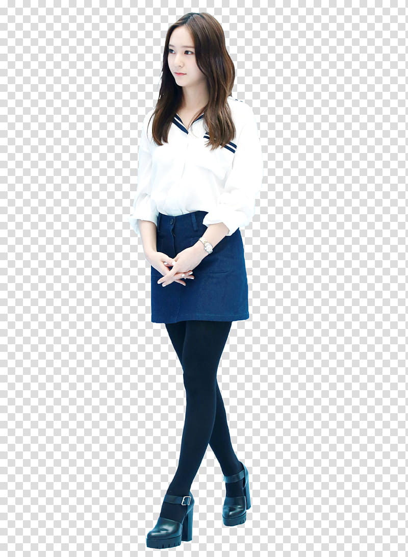 Krystal, woman wearing white long-sleeved blouse and blue mini skirt transparent background PNG clipart