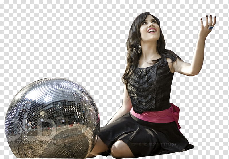 Demi Lovato , woman wearing black dress sitting beside gray ball transparent background PNG clipart