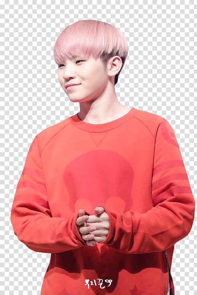 SEVENTEEN Woozi , smiling man wearing red long-sleeved shirt transparent background PNG clipart