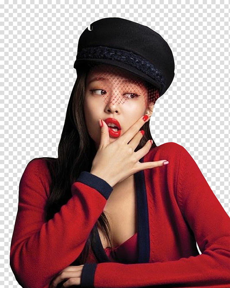 JENNIE BLACKPINK BAZAAR, woman holding her lips wearing red cardigan transparent background PNG clipart