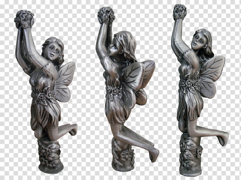 Silver Pewter Fairy, three angel figurines transparent background PNG clipart