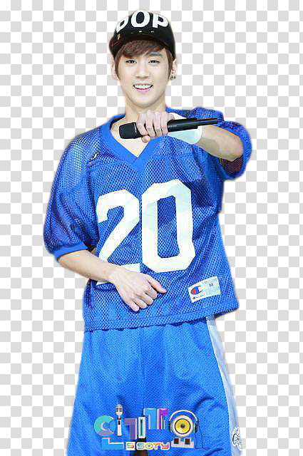 Chunji Teen Top , man in blue # jersey holding microphone transparent background PNG clipart