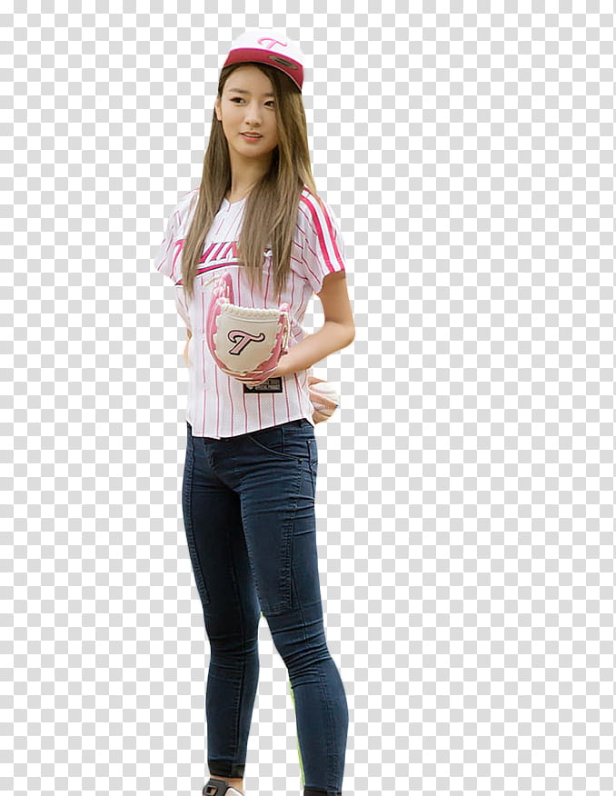 Bomi Apink  Render, woman wearing white and pink stripe crew-neck t-shirt with blue denim jeans wearing baseball mitt transparent background PNG clipart