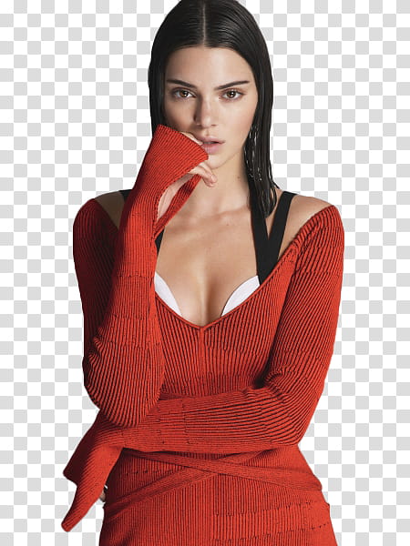BIG MODEL, woman wearing red plunging-neckline long-sleeved top transparent background PNG clipart