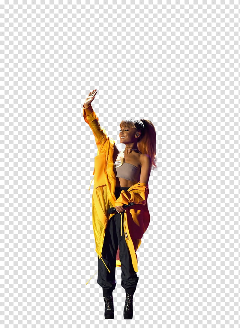 Ariana Grande, woman in yellow jacket holding microphone transparent background PNG clipart