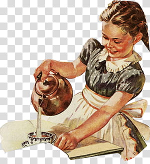 Vintage s, girl pouring drink inside coffee cup transparent background PNG clipart