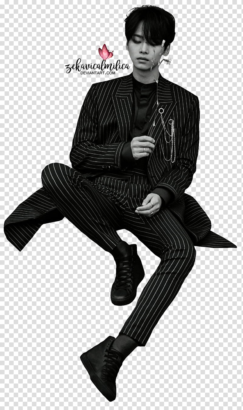 VIXX N Eau de VIXX, man wearing black and gray striped suit while sitting transparent background PNG clipart