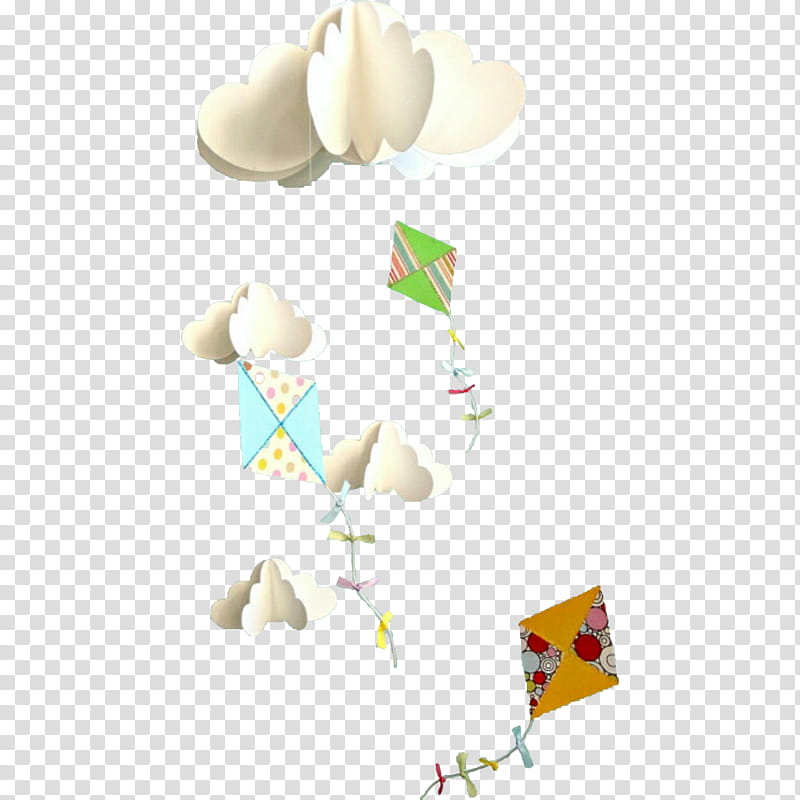 Cloudy Day Nubes, three kites and clouds paper decors transparent background PNG clipart