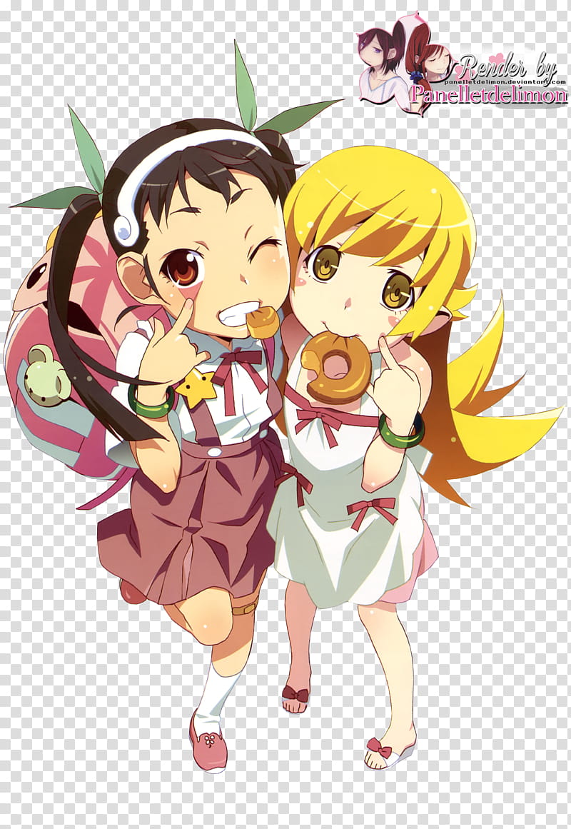 Render Bakemonogatari series Mayoi and Shinobu, two girl anime characters transparent background PNG clipart