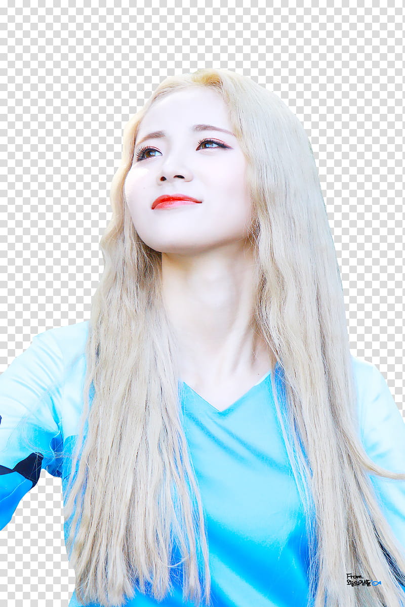 JinSoul LOONA, woman wearing blue V-neck shirt while looking up transparent background PNG clipart