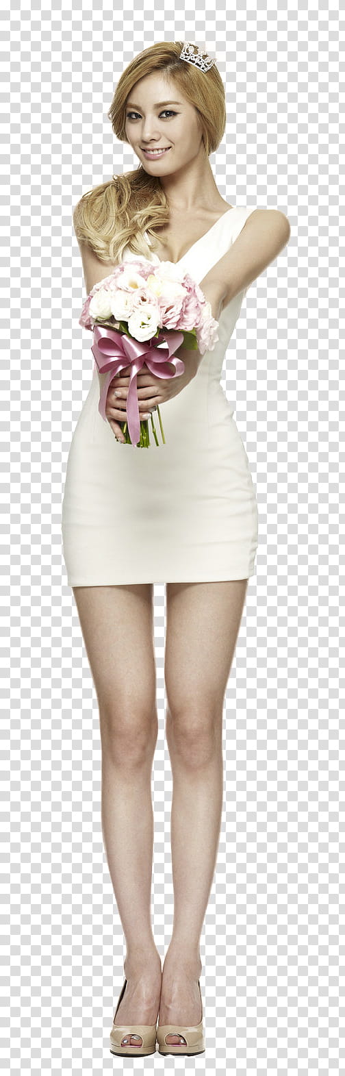 Nana After School, woman in white cocktail dress holding bouquet of flowers transparent background PNG clipart