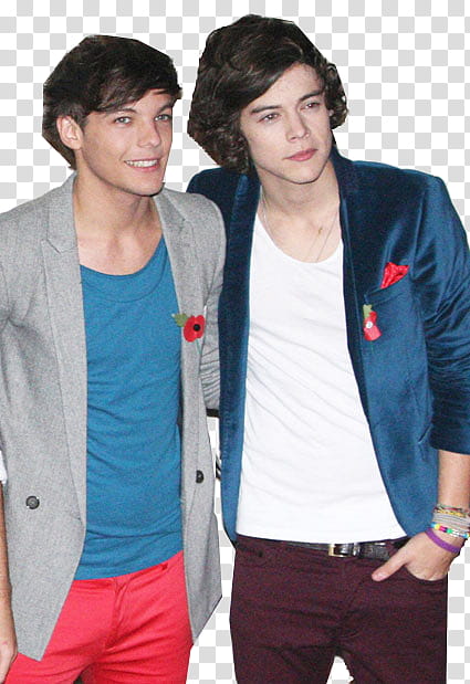 Larry Stylinson, two standing One Direction band members with suits transparent background PNG clipart