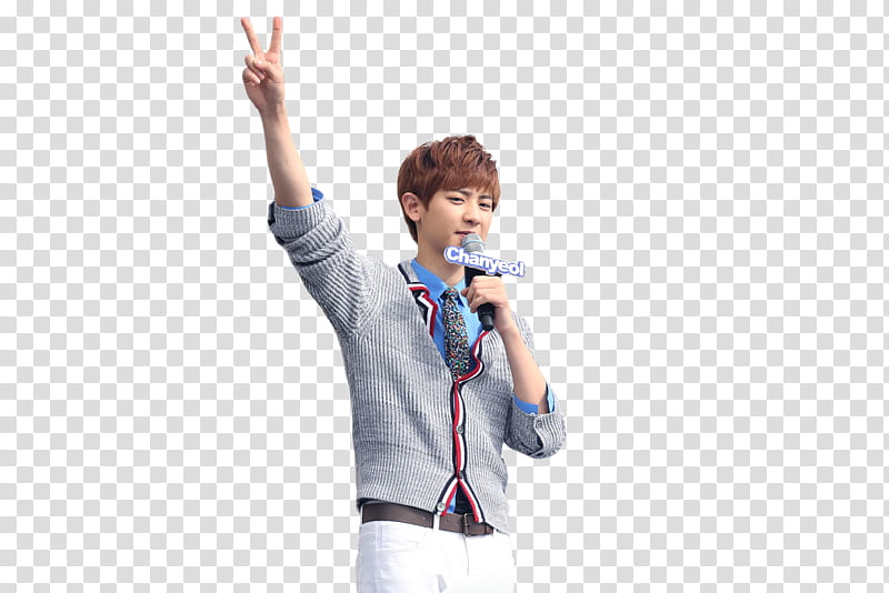 Render Chan Yeol, man holds microphone and signs peace transparent background PNG clipart