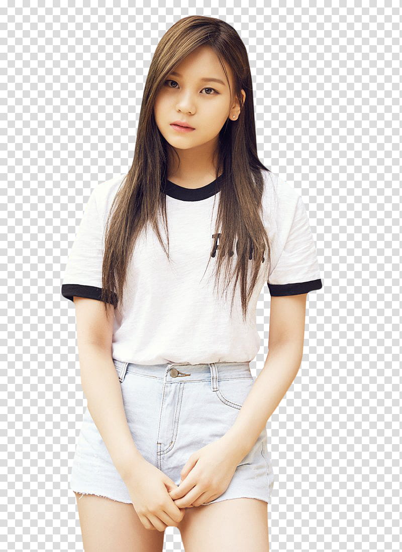 GFRIEND PARALLEL, woman wearing white and black shirt and blue denim short shorts transparent background PNG clipart