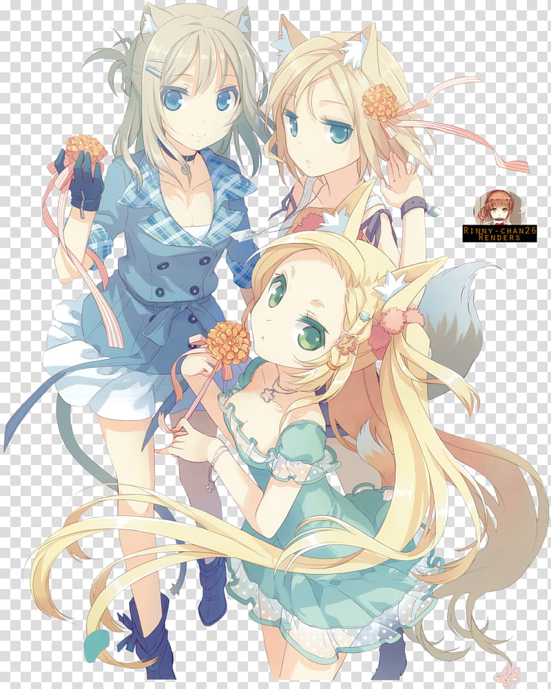 Neko girls HSO Render, three female anime characters illustration transparent background PNG clipart