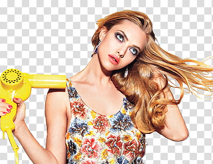 AmandaSeyfried , woman using yellow hair blower dryer transparent background PNG clipart