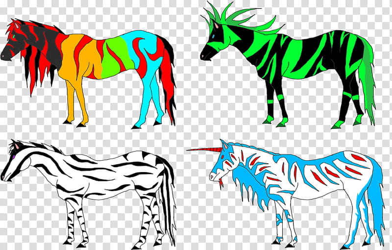 Striped horse Adopts, four assorted-color-and-design horse cartoon transparent background PNG clipart