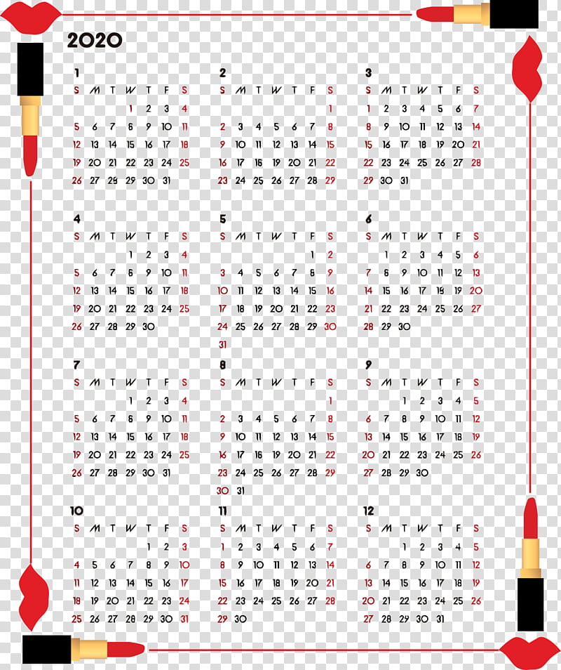 2020 yearly calendar Printable 2020 Yearly Calendar Year 2020 Calendar, Text, Line, Number transparent background PNG clipart
