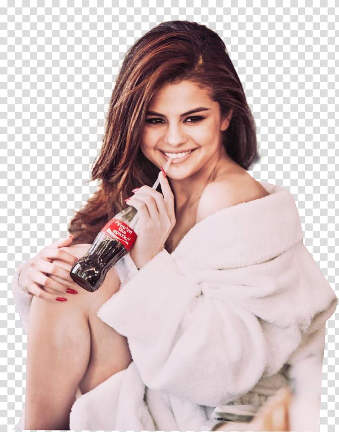 Selena Gomez, smiling Selena Gomez while holding soda bottle transparent background PNG clipart