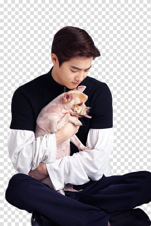 SUHO EXO, man carrying dog transparent background PNG clipart