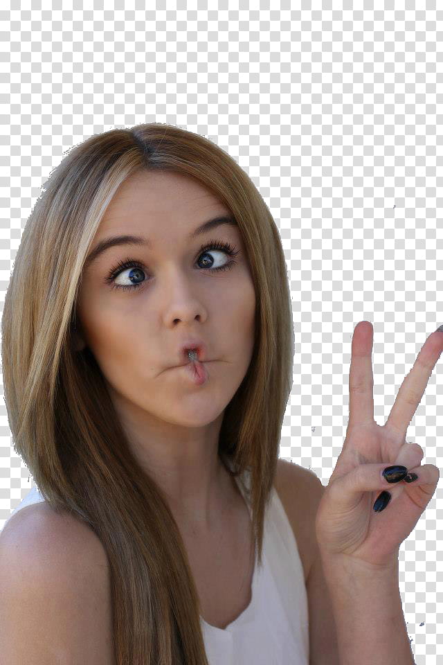 woman doing funny face and peace hand gesture transparent background PNG clipart