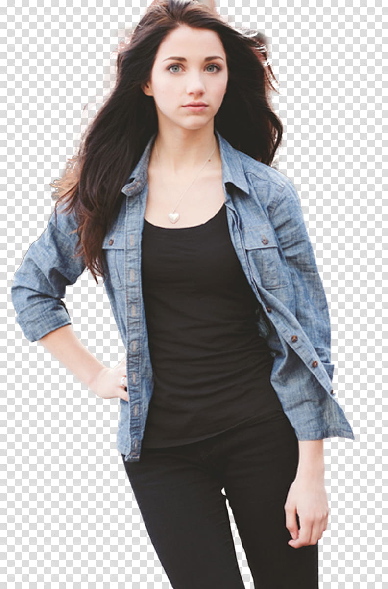 EMILY RUDD, woman wearing denim jacket while standing transparent background PNG clipart