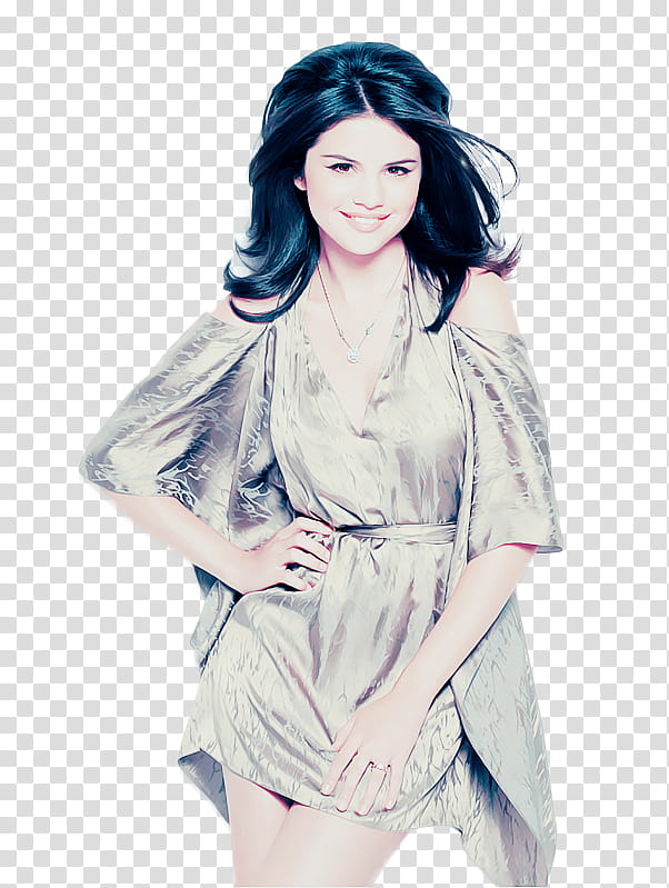 Selena Gomez in gray silk cold-shoulder deep V-neck mini dress transparent background PNG clipart